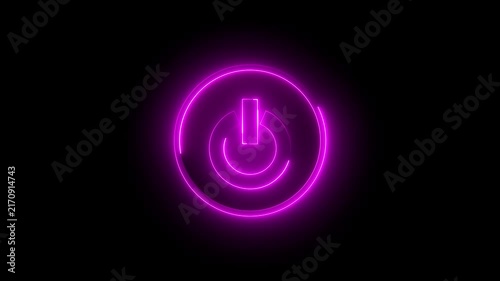 Neon Power button icon animation glowing pink color shutdown switch screen turn on off button computer mobile phone startup stop sign closed icon on black background