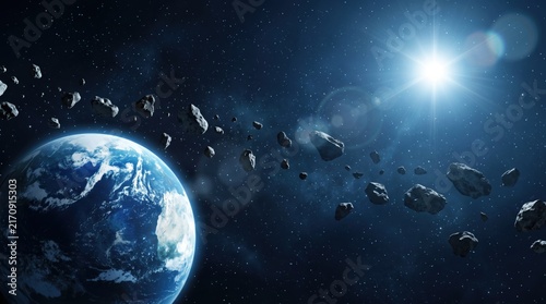 Planet Earth viewed from space surrounded by a dangerous field of floating asteroids and rocks, illuminated by a bright shining sun star, illustratings of astronomy