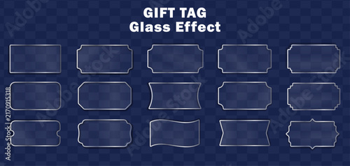 Collection of various gift tag shapes with a frosted glass effect isolated on a dark blue background
