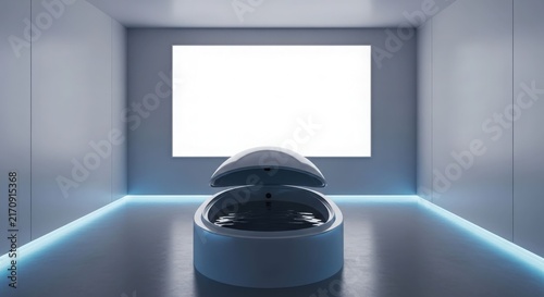 A futuristic, minimalist room with a sleek, open pod-like chair, subtle blue LED lighting, and a large blank screen, creating a serene and modern technological environment.