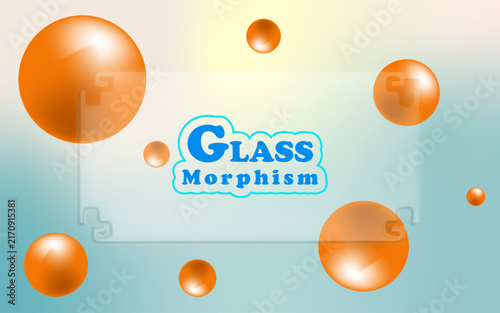 Abstract background featuring glass morphism style with floating orange spheres and a central frosted glass effect element