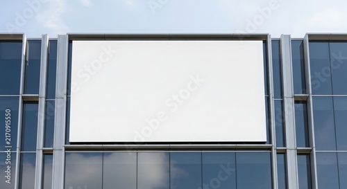A large blank white billboard on the exterior of a modern glass building with a blue sky.