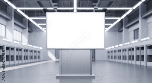 A large, empty, modern industrial hall with a prominent blank white billboard display in the center, ready for custom content or advertising.