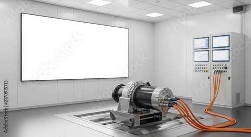 Industrial test bench with electric motor and control panel in a modern laboratory setting, displaying data on multiple screens.