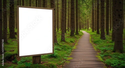 A blank white billboard sign standing on a mossy forest floor next to a winding wooden boardwalk path through tall green trees.