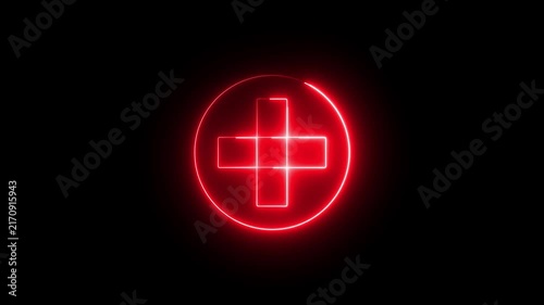 Neon plus sign icon animation glowing red color neon sign positive mathematic accountancy calculating icon sign symbol on black background	