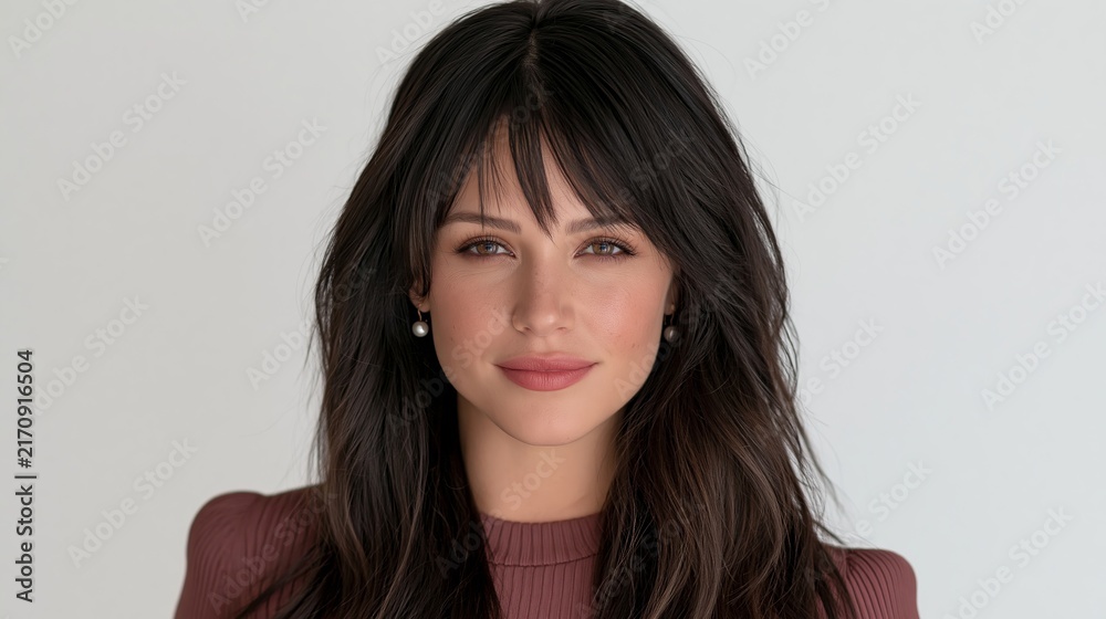 Fototapeta premium Portrait of smiling woman with dark hair and bangs wearing maroon top against plain white background