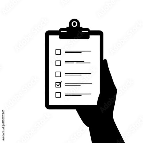 A simple minimalist black silhouette icon of a hand holding a clipboard, representing paid online surveys, digital market research, and task completion rewards, isolated on white.