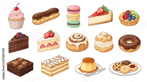 Assorted pastries and baked goods vector illustration set