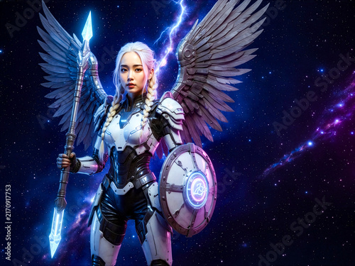 Female Sci-Fi Valkyrie Warrior with Mechanical Wings Holding Plasma Spear and Shield in Nebula Space