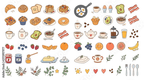 Breakfast food vector elements pattern with bakery items coffee fruit and eggs