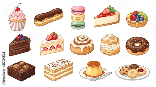 Assorted pastries and baked goods vector illustration set