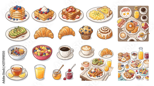 Weekend breakfast and brunch vector illustration collection