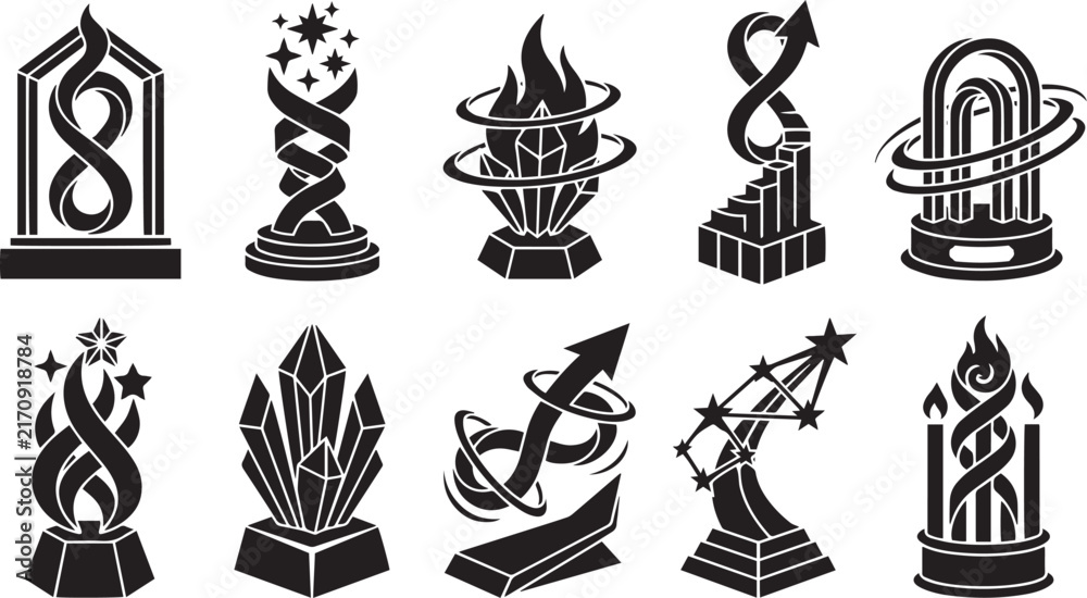 Naklejka premium Trophy and award vector set silhouette with flame, crystal, and abstract success design elements