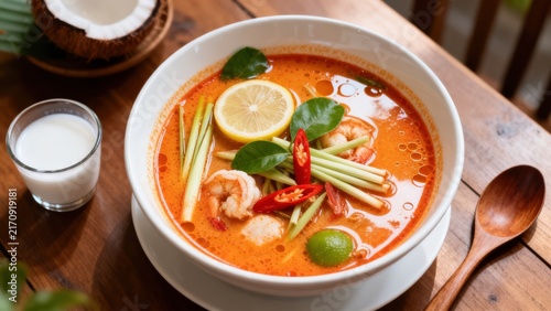 Aromatic Thai tom yum goong soup in a clay pot, featuring large succulent shrimp, lemongrass, kaffir lime leaves, galangal, and chili, with mushrooms and coriander, floating in a tangy-spicy clear bro