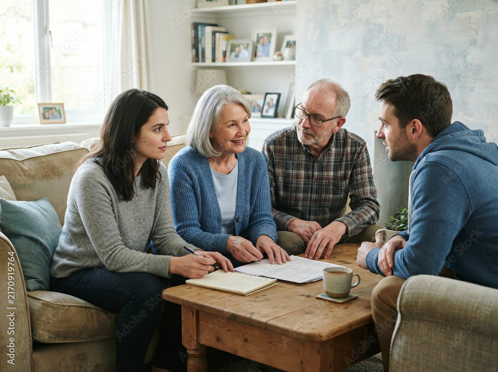 Obraz premium Older and younger adults reviewing papers together at a wooden living room table