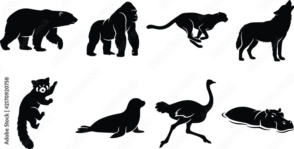 Obraz premium Wild Animals Vector Silhouettes Set Featuring Polar Bear Gorilla Cheetah Howling Wolf Red Panda Seal Ostrich Hippopotamus