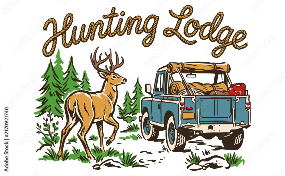 Naklejka premium Vintage Hunting Lodge Illustration featuring a Buck and Off-road Vehicle for Camping Adventure