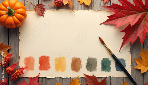 Autumn leaves and pumpkin with paint swatches on wooden table
