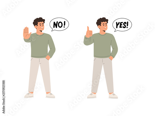 Young man showing stop gesture saying NO and thumbs up gesture saying YES vector illustration