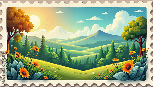 Scenic landscape with mountains and blooming flowers
