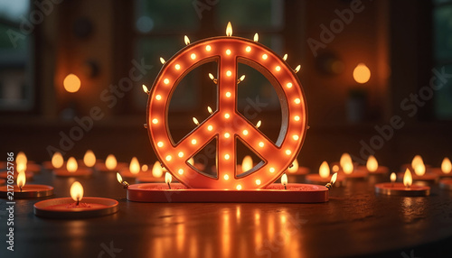 Peace symbol illuminated with candles in a cozy setting
