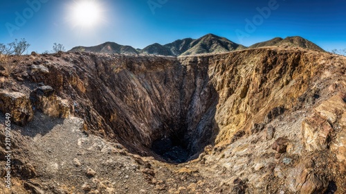 Gigantic gaping void in a rugged volcanic crater rim revealing dramatic geologic formations under a bright sky