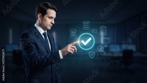 Professional businessman touching a glowing digital checkmark icon representing quality assurance and compliance in a dark modern corporate office environment