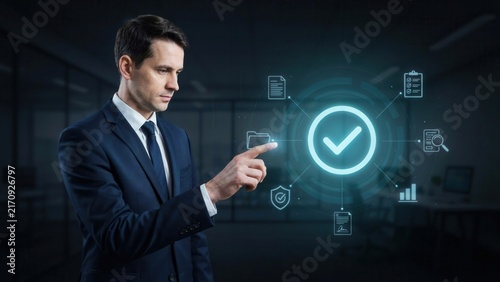 Professional businessman interacting with a glowing digital interface showing checkmark verification icons in a modern dark office workspace tech environment