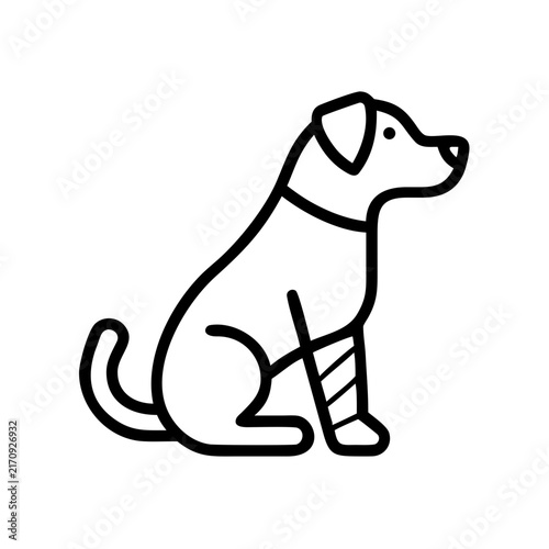 Dog with bandaged leg sitting in a simple line art style  