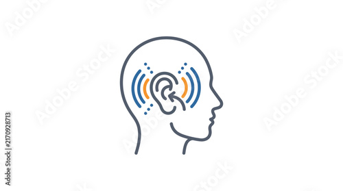 A minimalist icon showing a human head with sound waves inside
