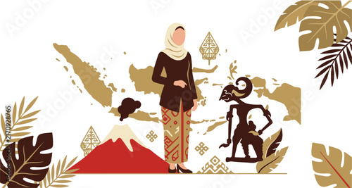 Indonesian Culture Heritage and Volcano Vector Illustration