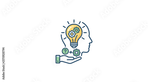 A creative illustration showing a human head with lightbulb ideas