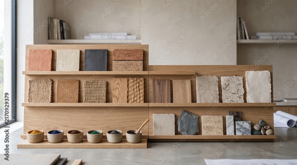 Fototapeta premium Interior design material samples board with wood stone and textures