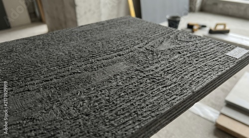 Dark charcoal pressed wood board featuring a gritty coarse grain perfect for industrial styling interior design and building supplies fiberboard panel texture painted black dark rough