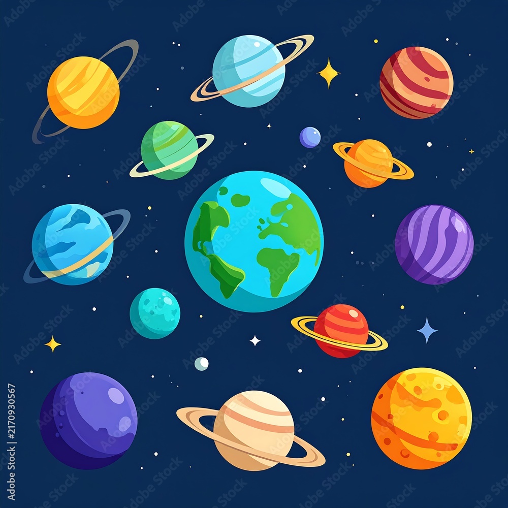 Naklejka premium Colorful planets and celestial bodies floating in space.
