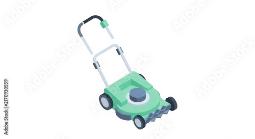 Isometric green lawn mower isolated on white background