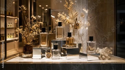Luxury Fragrance Store Window Display With Perfume Bottles and Mirrored Stands