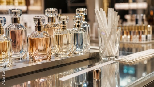 Perfume Tester Area on Beauty Store Counter With Scent Strips