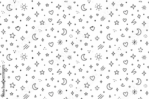 Hand drawn doodle pattern with moons stars hearts and suns elements