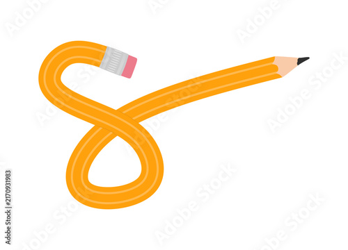 Flexible bent wooden pencil tied in a loop concept. Creative writing, brainstorm and thinking metaphor isolated on white background. Yellow graphite pencil with eraser. Flat vector illustration