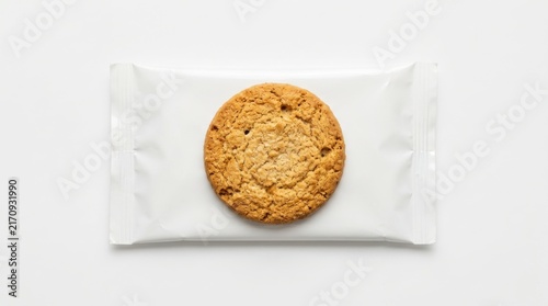Single chocolate chip cookie on a white snack wrapper