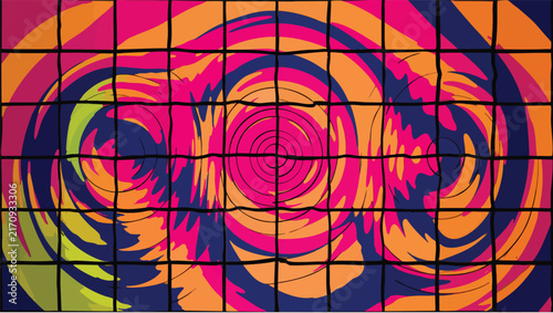 Abstract swirling pattern concentric circles and vibrant pink, orange, and blue colors on grid lines