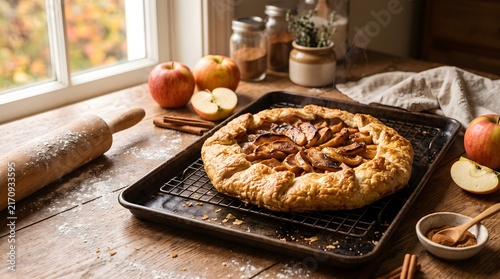 Delicious homemade rustic apple tart galette on a baking sheet and rack, set on a rustic wooden counter near a window with fall light and baking tools.