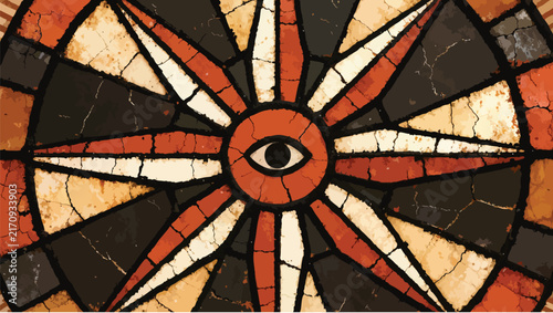 Circular compass rose symbol an eye in the center featuring earthy tones and cracked stone textures
