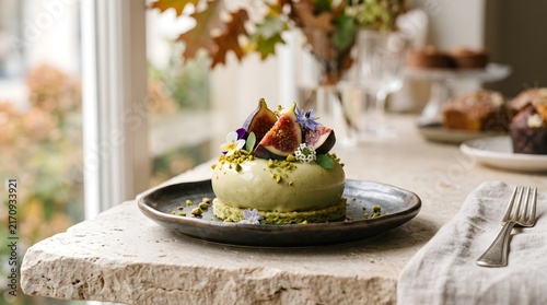 Single-serving pistachio mousse cake garnished with figs and floral petals resting on a stone window sill with natural autumn outdoors in the background.