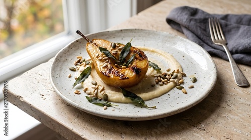 Elegantly plated roasted pear with creamy mascarpone, crispy sage, and pumpkin seeds served on a stone ledge next to a sunlit window.
