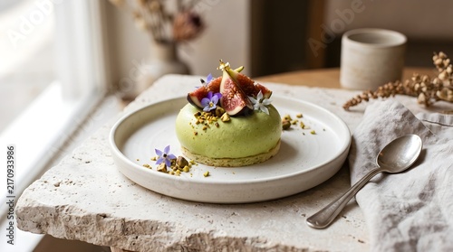 Delicate green pistachio mousse cake decorated with quartered fresh figs and delicate purple edible flowers served on a modern ceramic plate