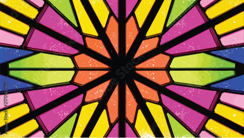 Colorful stained glass window geometric star pattern and textured glass panes in vibrant rainbow colors