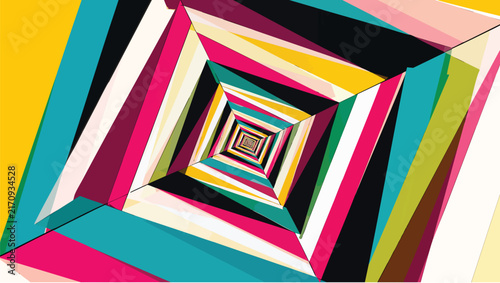 Concentric square frames creating a tunnel effect vibrant multi-colored stripes and sharp angles